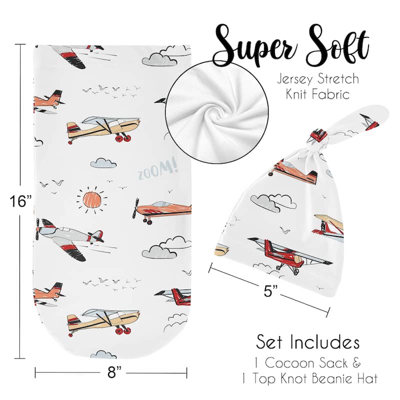 Sweet Jojo Designs Vintage Airplane Boy Baby Cocoon and Beanie Hat Sleep Sack 2pc Set- Transportation Clouds Sun Sky Aviator Red