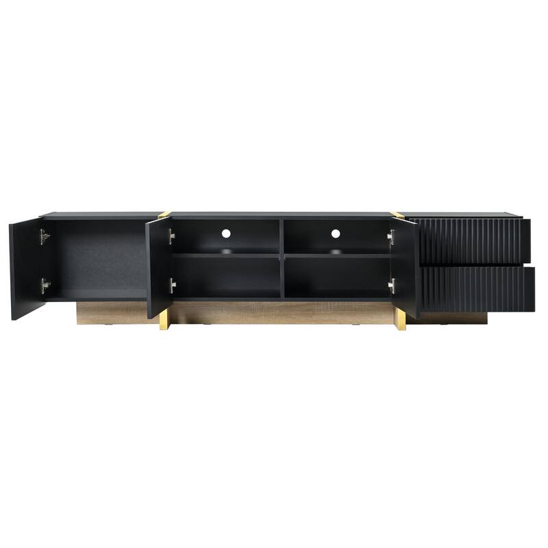 Modern Fluted TV Stand Luxury TV Stand with Storage Drawers and Gold Wood-Grain Legs, for Living Rooms, Black