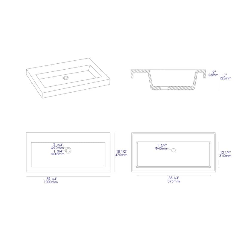 ALFI brand 40" Solid Concrete Gray Matte Trough Sink for the Bathroom