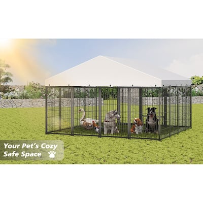 GDF Studio - Rockwell Extra Large Outdoor Dog Kennel with Roof Cover & Feeding System