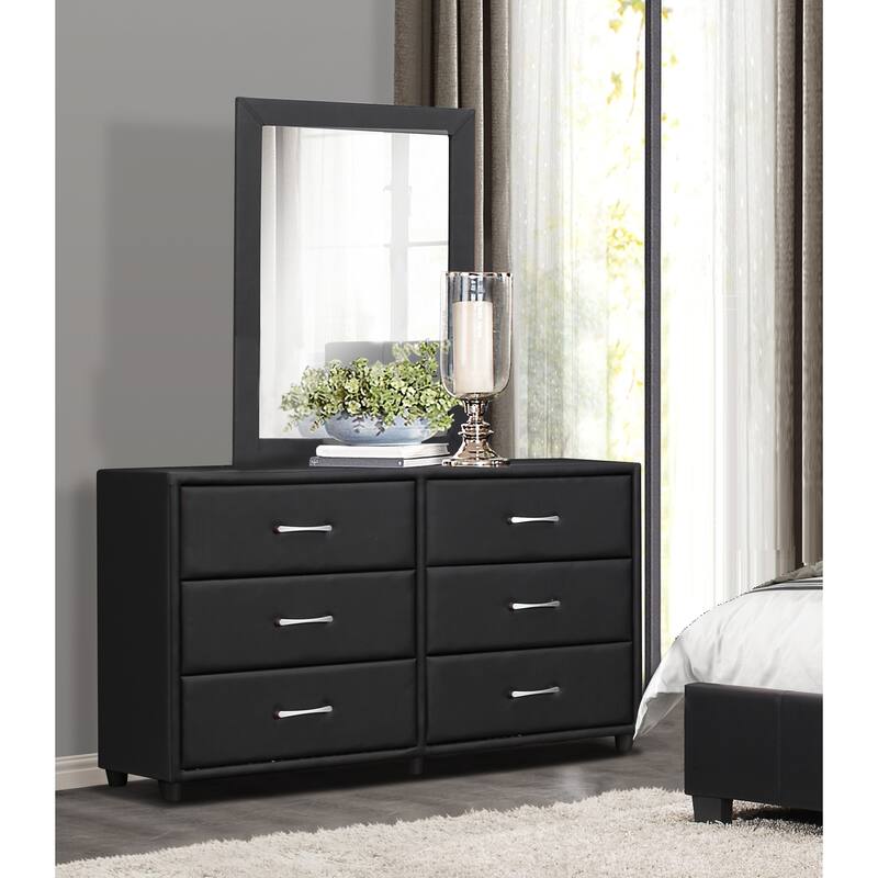 Contemporary Design Black Dresser 1pc 6x Drawers Faux Leather Upholstery Plywood Engineered Wood - Black - 6-drawer