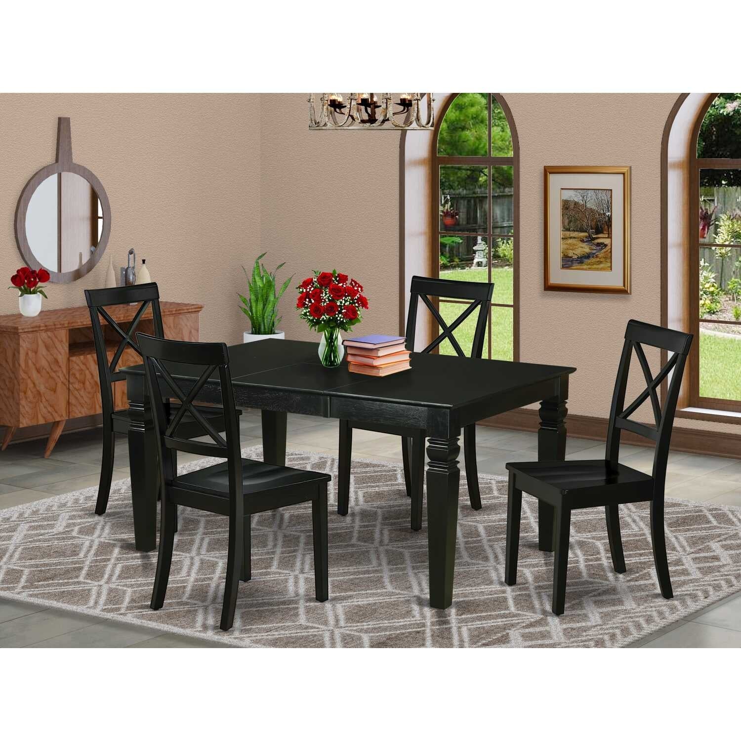HomeStock 5-Piece Rectangle Black Finish Solid Wood Top Dining table with 4-Chairs with Butterfly Leaf