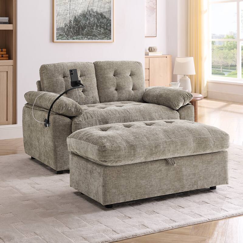 Double Recliner Chair with Adjustable Backrest, Storage Ottoman, USB Port & Phone Stand - Brown