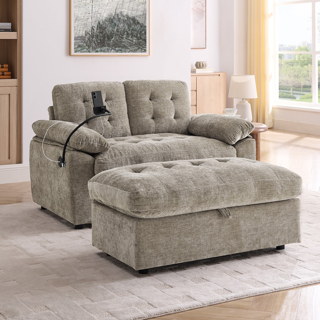 GDFStudio Zorielis Chenille Double Recliner Sofa with Storage Ottoman USB Charging Adjustable Lounge Set