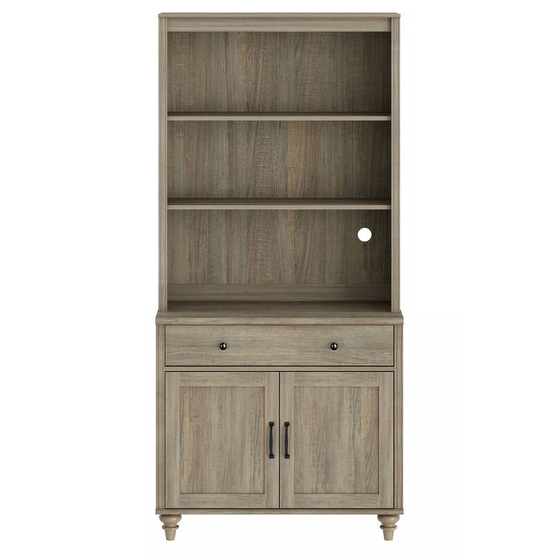 Wash Gray Bookcase with Doors, Large Wood Farmhouse Book Case Shelf - wash grey