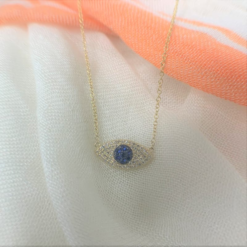 Joelle Collection Evil Eye Necklace 14K Gold Diamond & Sapphire