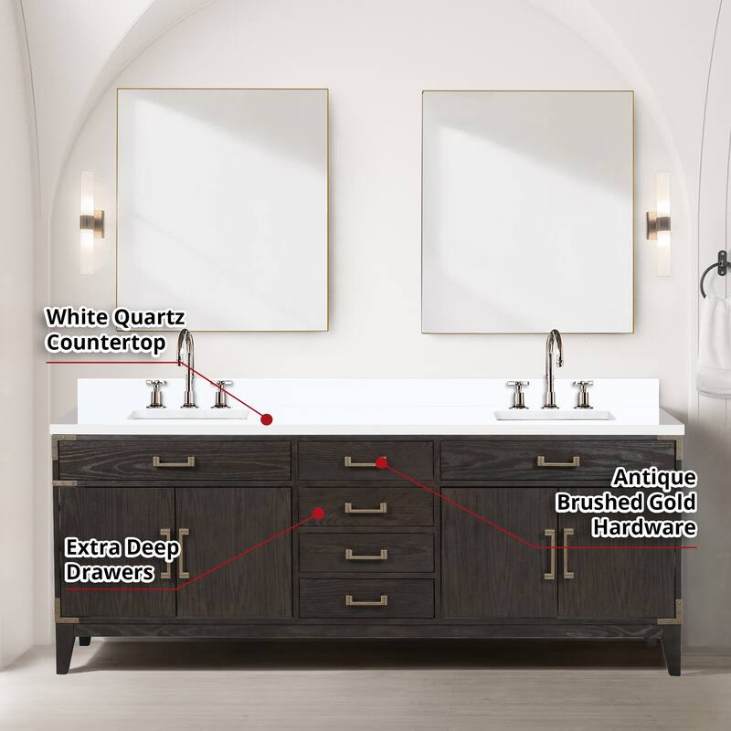 Laurel 60 in W x 22 in D Black Oak Double Bath Vanity, White Quartz Top, Faucet Set, and 28 in Mirrors