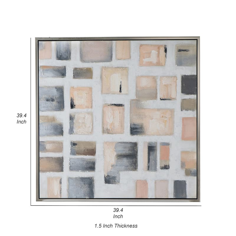 39 x 39 Framed Handpainted Wall Art, Cornerstone Square, Canvas, White Gray