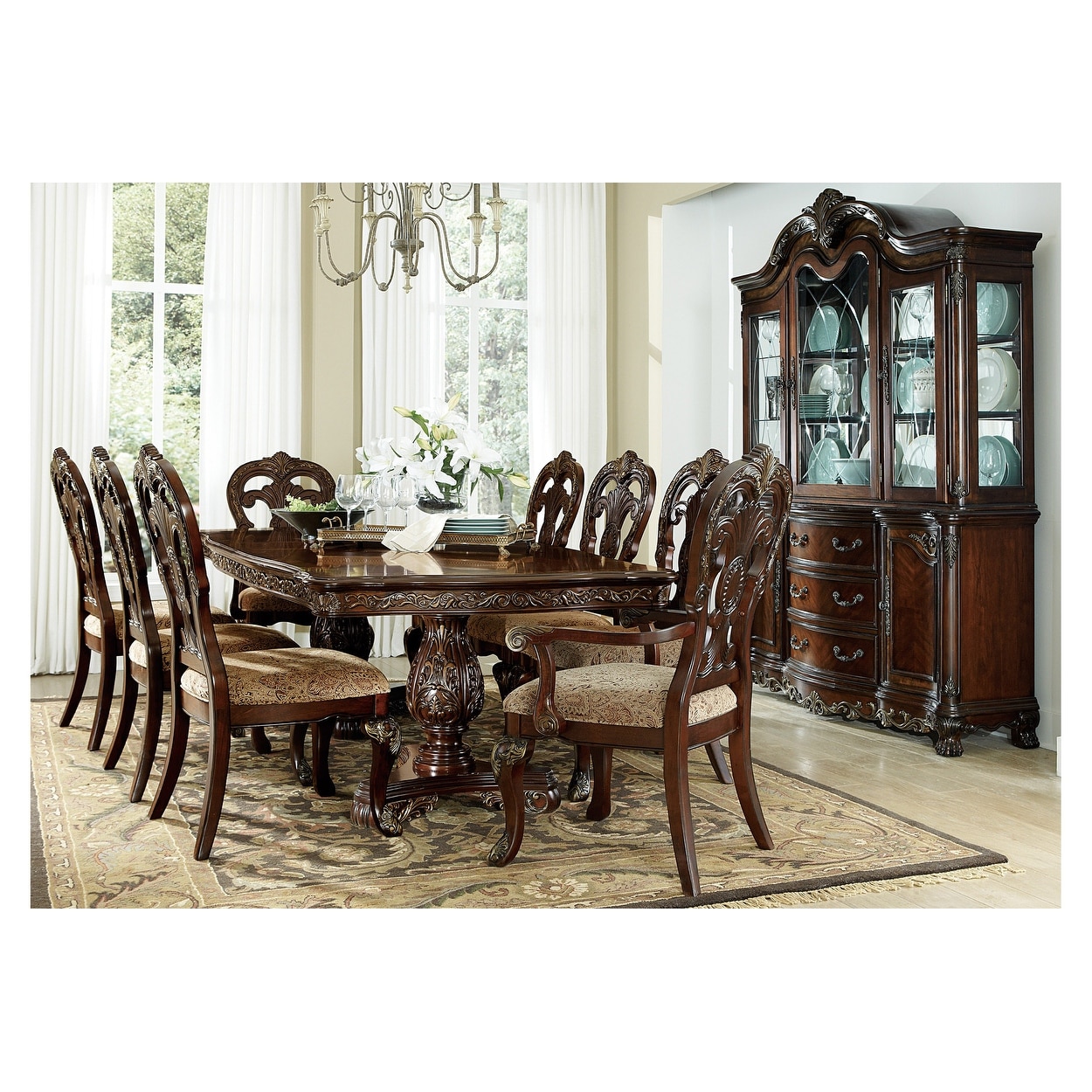 Shelby Cherry Traditional Fabric Double Pedestal Dining Room Set