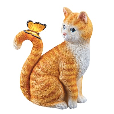 Orange Tabby Cat with Solar Powered Butterfly Garden Statue - 11.630 x 9.750 x 6.750