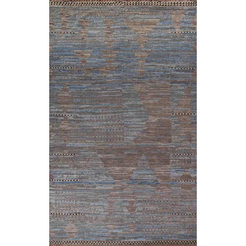 Blue Striped Moroccan Abstract Area Rug Hand-Knotted Wool Carpet - 8'0"x 12'7"