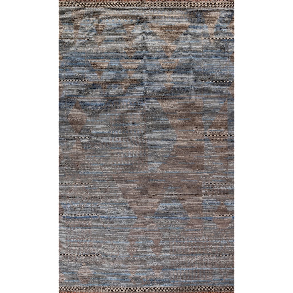 Blue Striped Moroccan Abstract Area Rug Hand-Knotted Wool Carpet - 8'0"x 12'7"