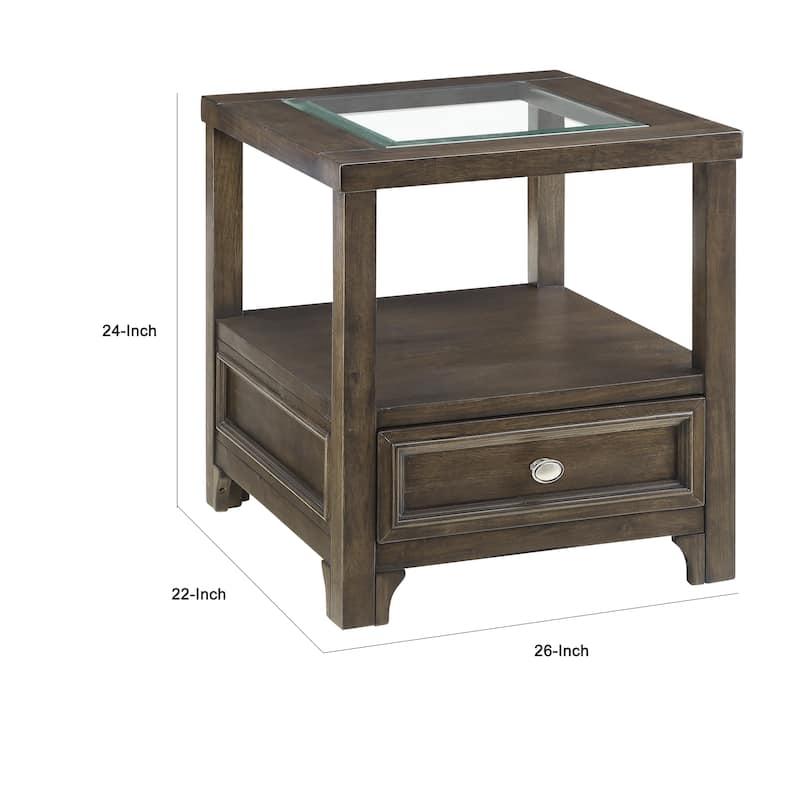 Berny End Table w Glass Top, Drawer, Shelf, Charcoal Brown 26 Inch