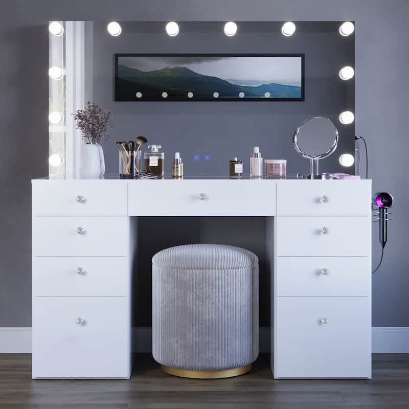 Makeup Vanity Desk w/ Bluetooth Speakers 9 Drawers Glam Glass Top Lighted Crystal Knobs Hairdryer Holder USB Ports