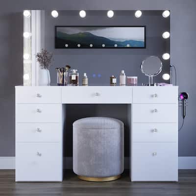 Makeup Vanity Desk w/ Bluetooth Speakers 9 Drawers Glam Glass Top Lighted Crystal Knobs Hairdryer Holder USB Ports