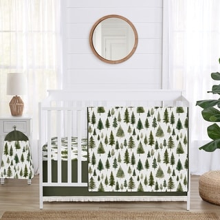 Sweet Jojo Designs Sage Green Woodland Boy Girl Gender Neutral Unisex 4pc Nursery Crib Bedding Set Forest Woods Pine Tree Fringe