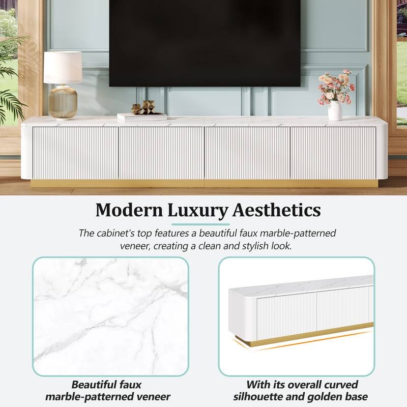 Luxury Fluted TV Stand for 85" TVs - Faux Marble Console with Gold Base & Curved Design
