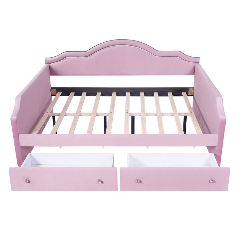 Pink Velvet Upholstered Full Size Daybed with LED Lights and 2 Storage Drawers