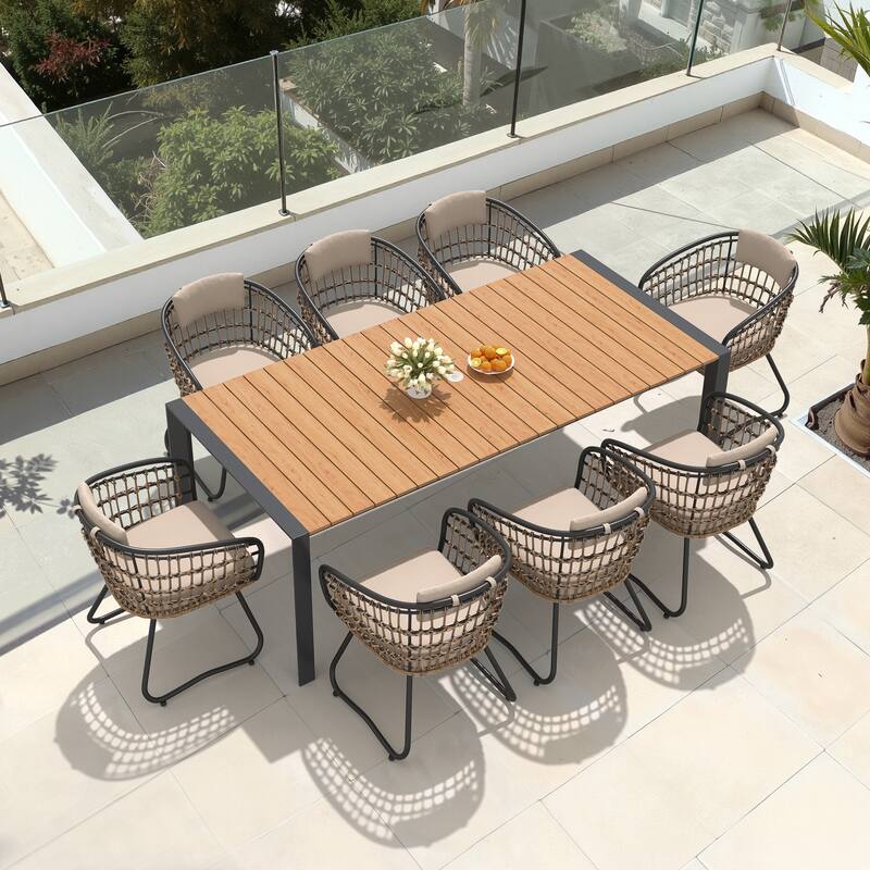 7/9-Piece Outdoor Premium Aluminum Dining Table with Umbrella Hole and PE Rattan Chairs