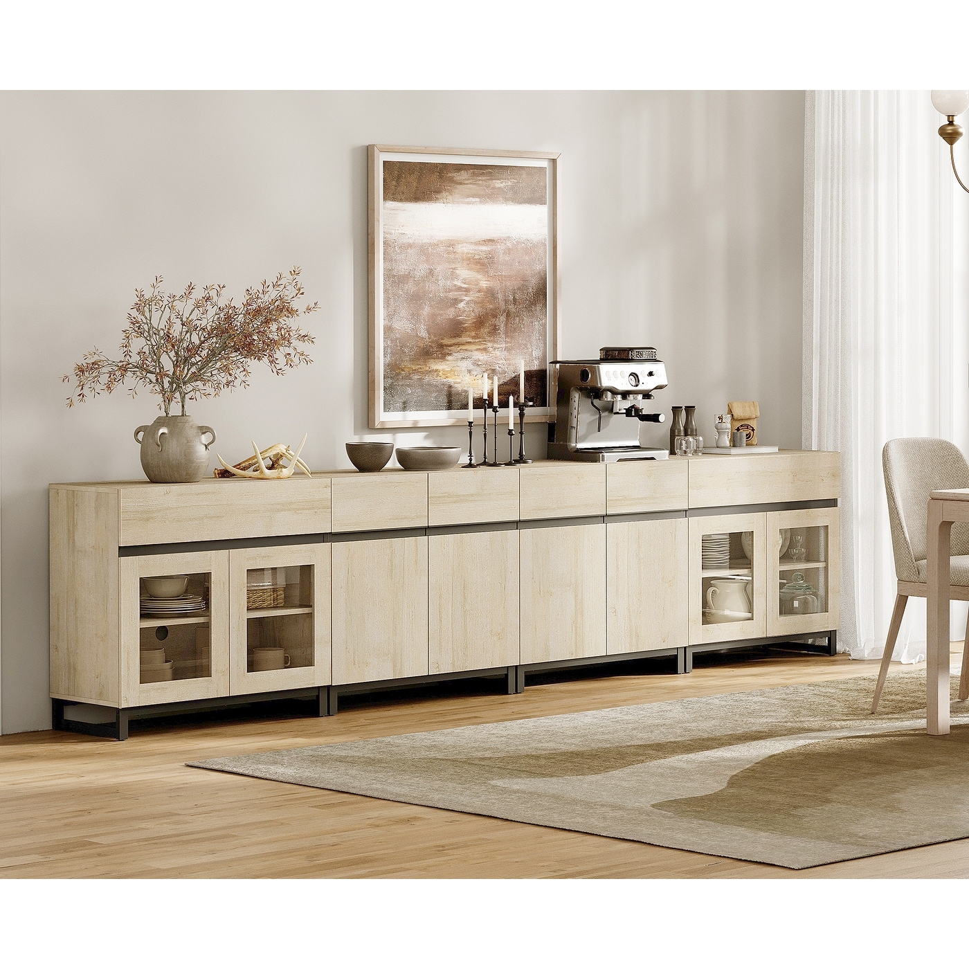 4 in 1 Sideboard Buffet Cabinet with 2 Glass Doors & Drawers, Adjustable Shelf, Metal Base for Living Room, Kitchen