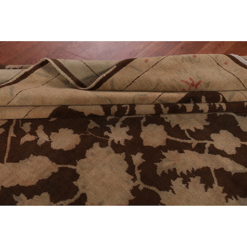 Vegetable Dye Brown Floral Oushak Turkish Rug Hand-Knotted Wool Carpet - 10'4"x 12'9"