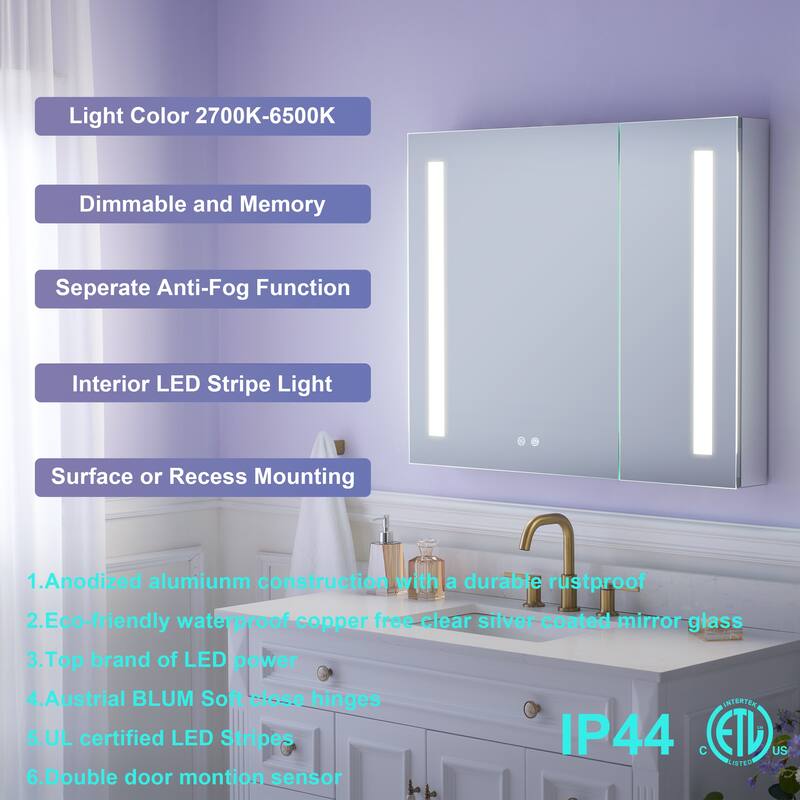 Recessed or Surface 30" H LED Mirror Cabinet with Adjustable Glass Shelves,Defogger, Dimmer And Outlets & USB Ports