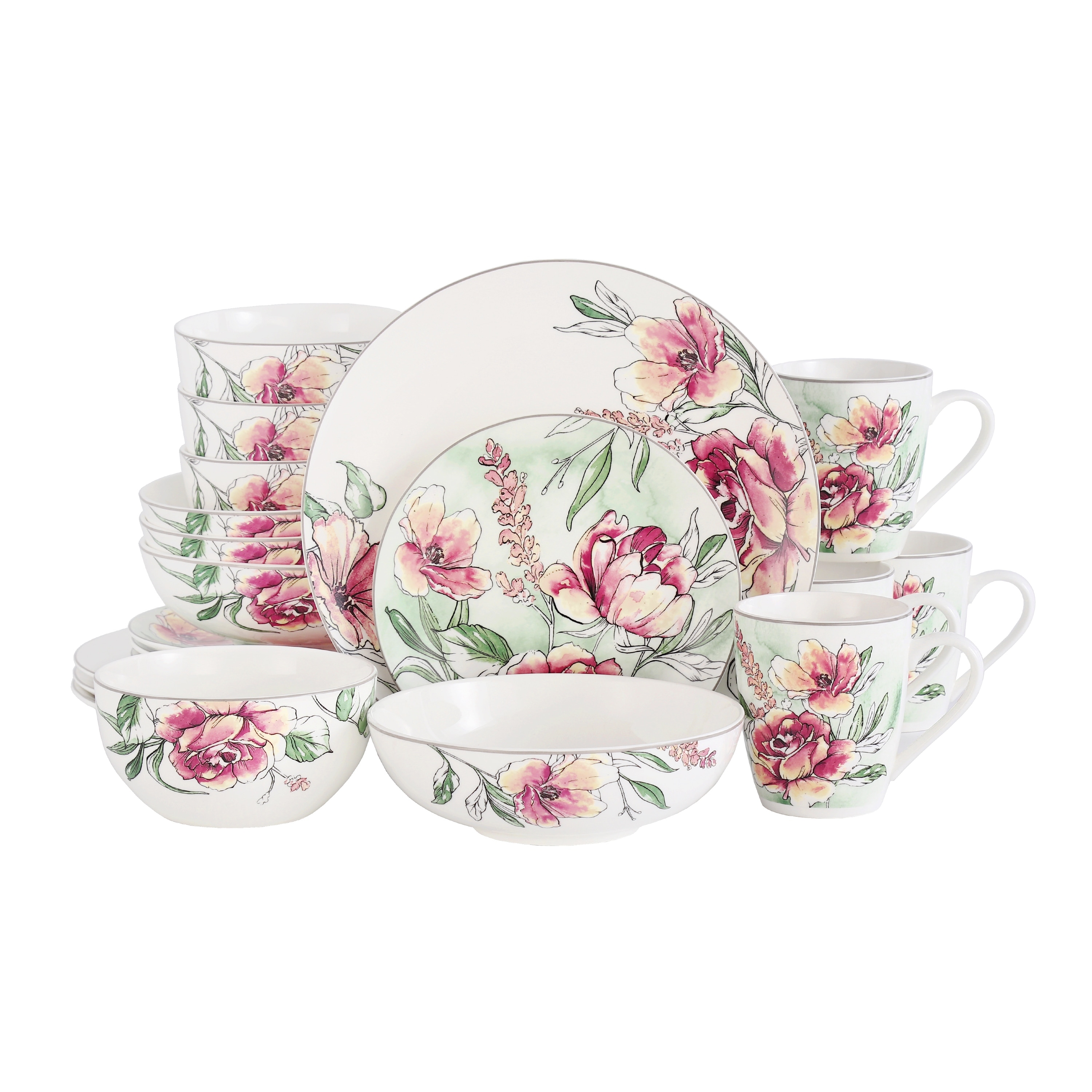 Lorren Home Trends Floral Dinnerware Bone China Set, White with Pink Roses, Service for 4, 20 Piece