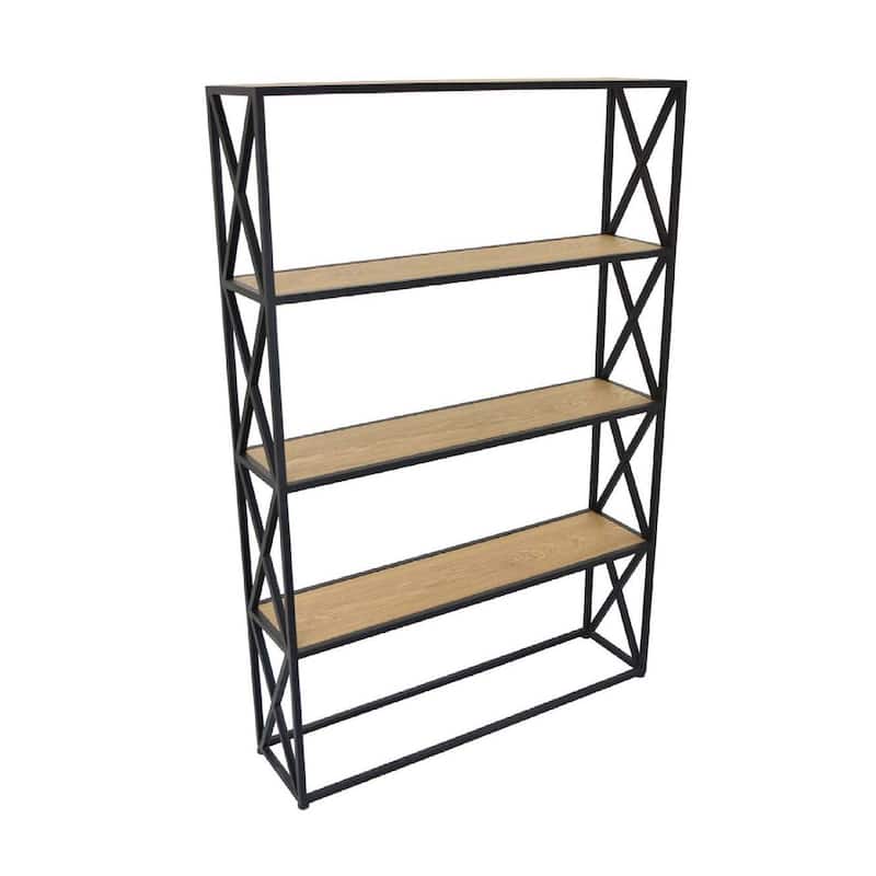 Lewy Plant Stand, X-Cross Sides, 4 Tier Wood Shelves, Black Metal