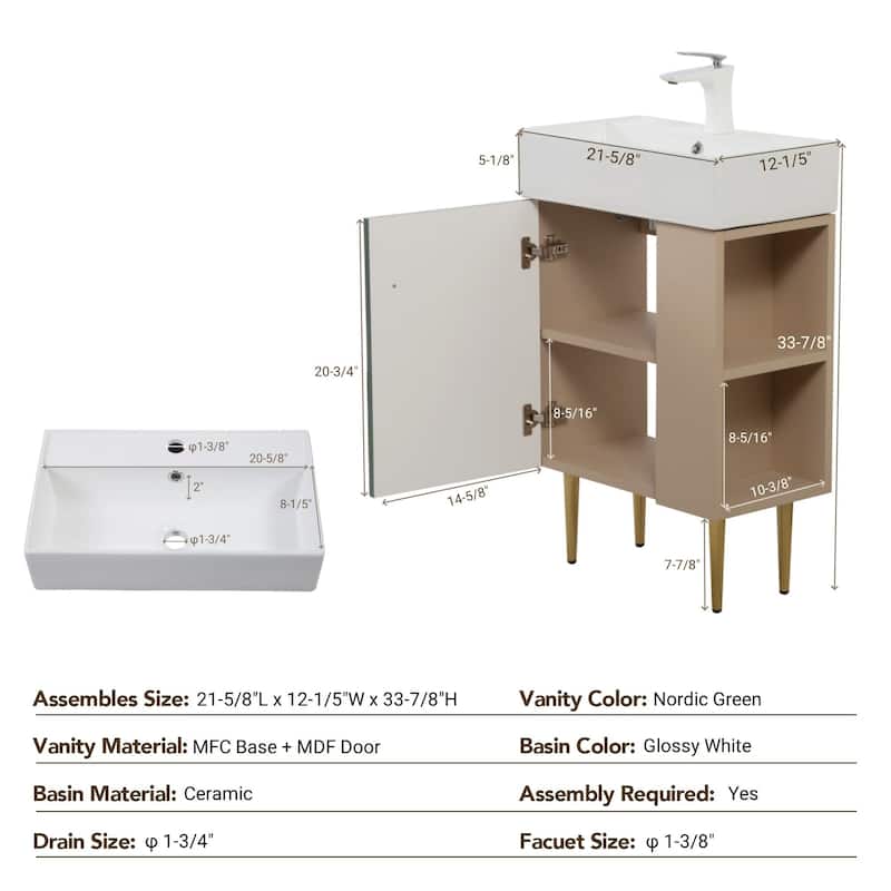 21.6" Contemporary Bathroom Vanity with Ceramic Sink, Soft-Close Door, Open-Shelving Storage Cabinet, Brushed Gold Hardware