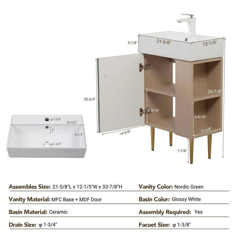 Compact White Bathroom Vanity with Ceramic Sink, Soft-Closing Cabinet, and Brushed Copper Accents for Small Spaces