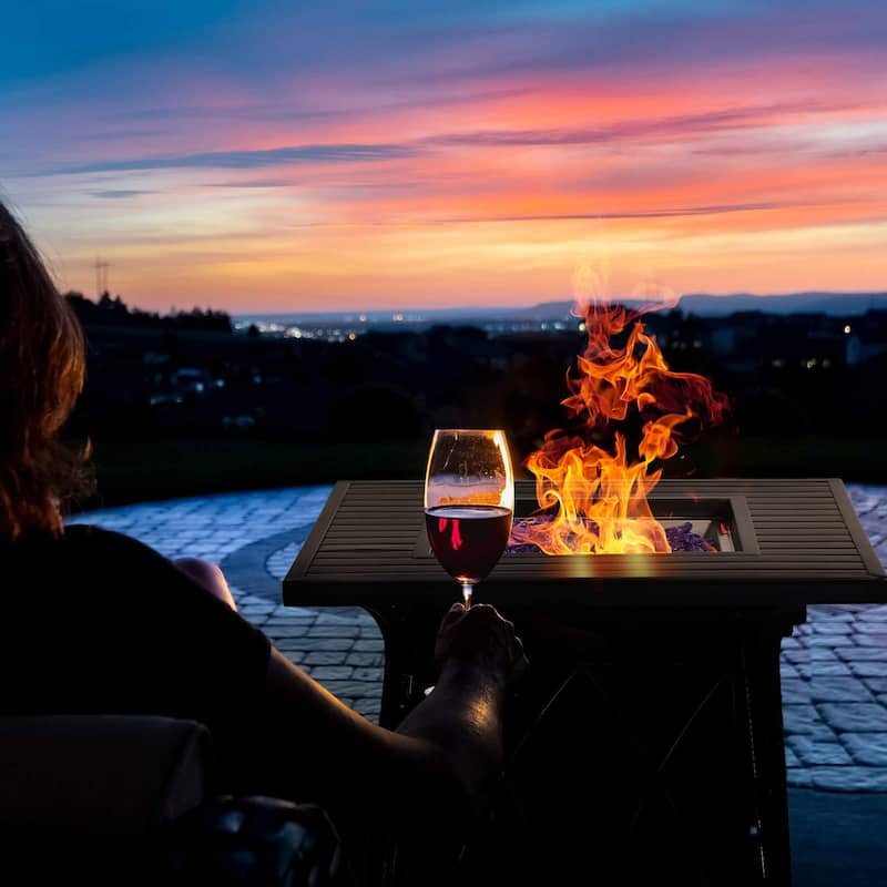 28" Gas Fire Pit Table with 4 Rattan Chairs, 5 Piece Propane Fire Pit Setwith 5Kg Fire Glass