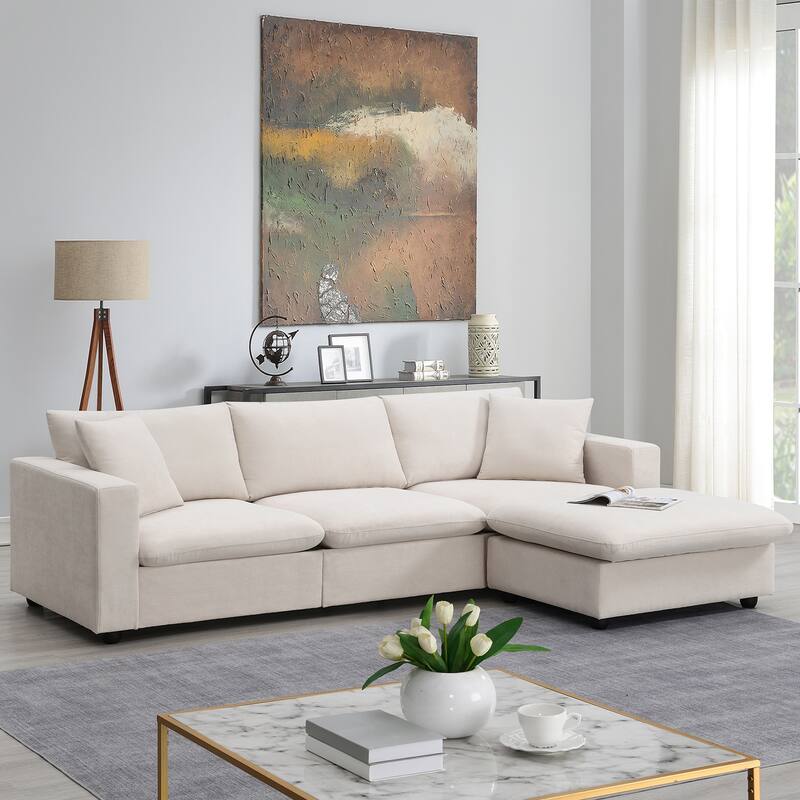 Modern L Shaped Sectional Sofa with Convertible Ottoman and Pocket Spring Cushions for Small Living Rooms or Apartments - Beige