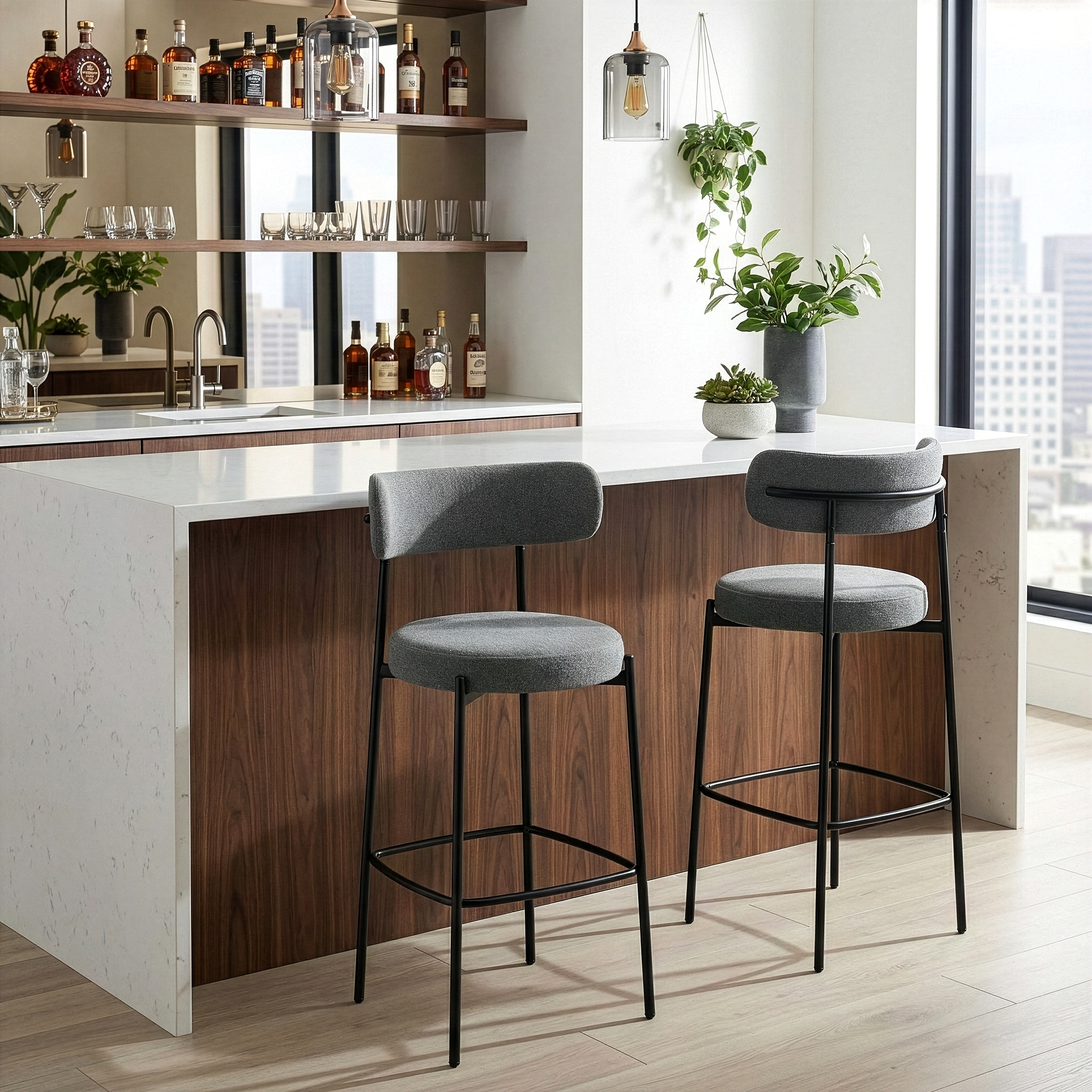 Awen Gray Boucle Bar Stool with Black Legs (Set of 2)