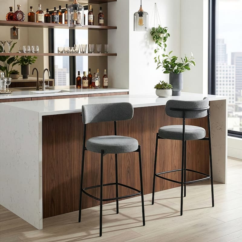 Set of 2 Awen Gray Boucle Bar Stool with Black Legs