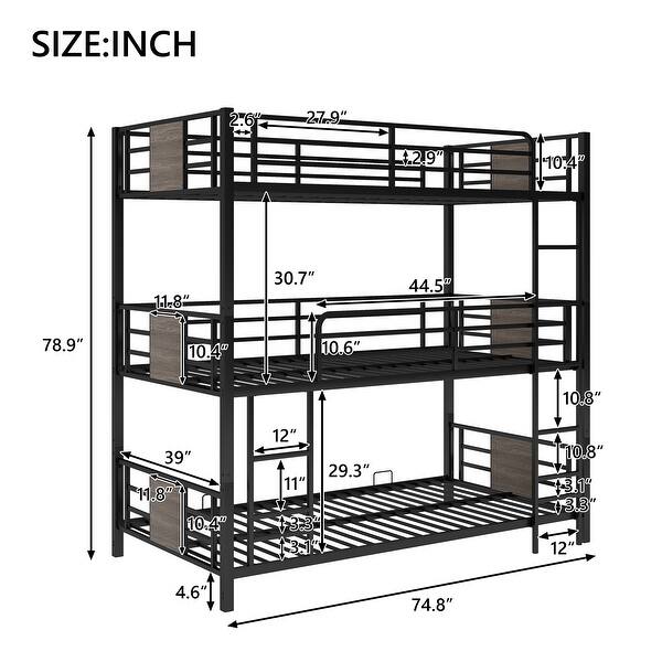 Twin Size Metal Triple Bunk Bed, with Wood Decoration Footboard and Headboard and Full-length Guardrail