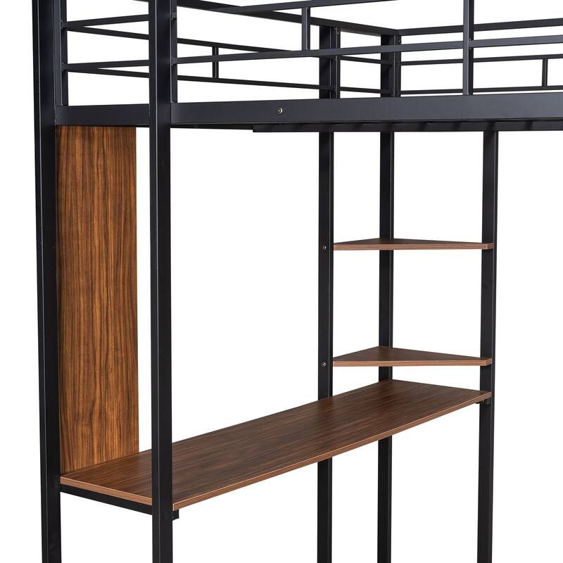 Full Size Metal Loft Bed with Shelves and Desk, Sturdy Steel Frame, Space-Saving Design