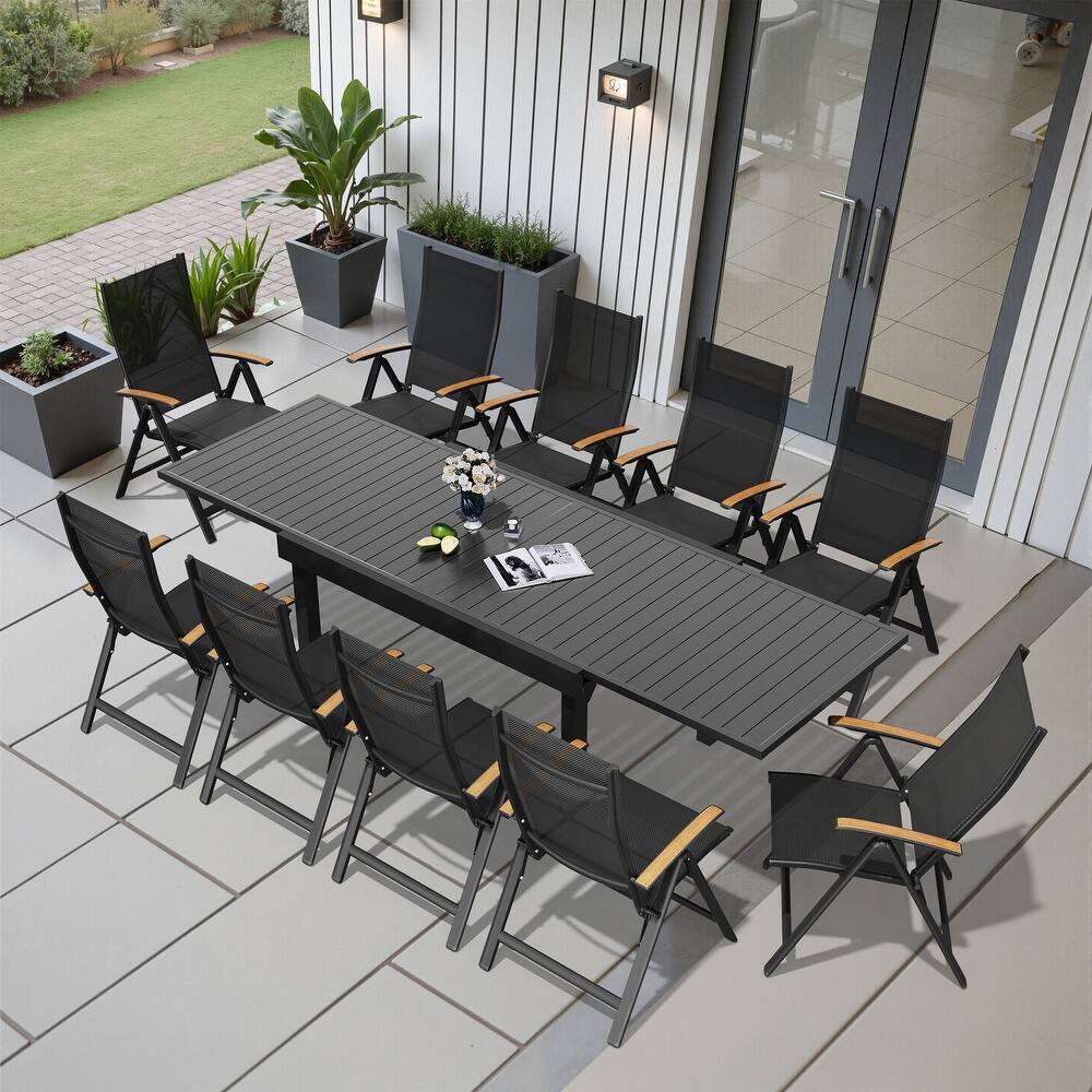 5/7/11PC Outdoor Aluminum Expandable Rectangle Patio Dining Table with Folding Chairs