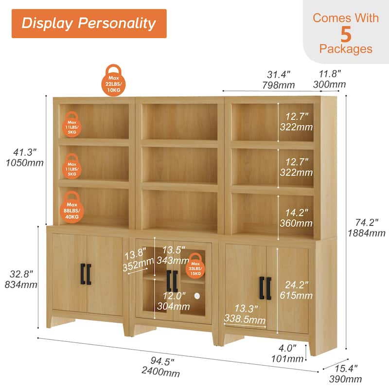 WAMPAT Tall Bookshelf with Doors, Farmhouse Bookcase with Open Shelves for Living Room & Home Office