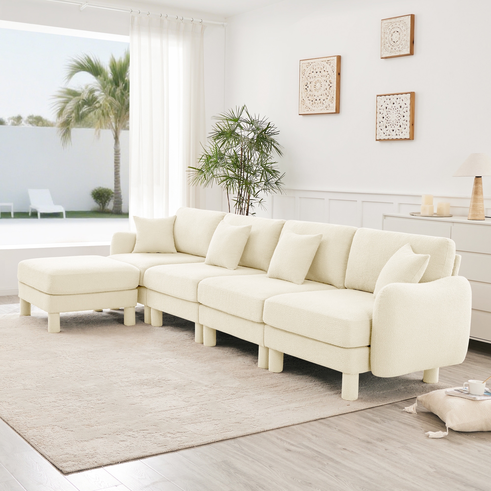 Oversized Modular Sectional Sofa Couch, 141" 4 Seater Boucle Fabric Sofa with Movable Ottoman, Convertible L Shaped Couch