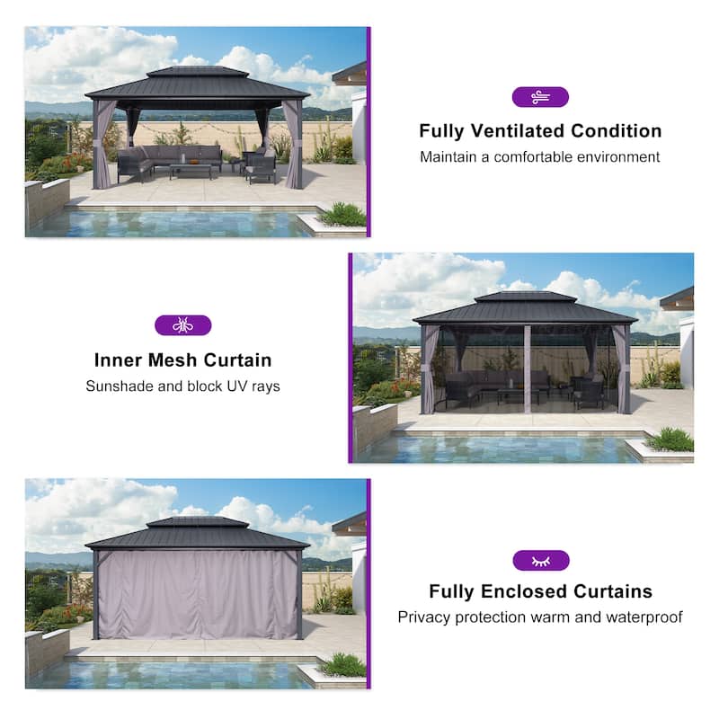 PURPLE LEAF Gazebo Outdoor Gazebo with Dual-Layer Galvanized Steel Double Roof Aluminum Gazebo with Netting and Curtains Grey
