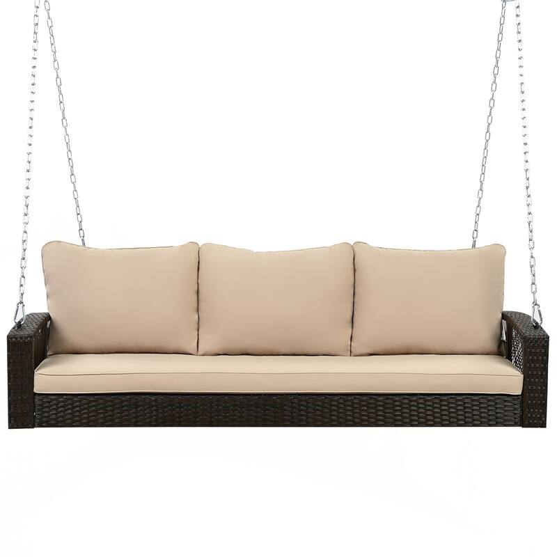 Wicker 3-Person Porch Swing with Chains, Large Patio Swing Bench with Cushions for Backyard, Garden, and Poolside