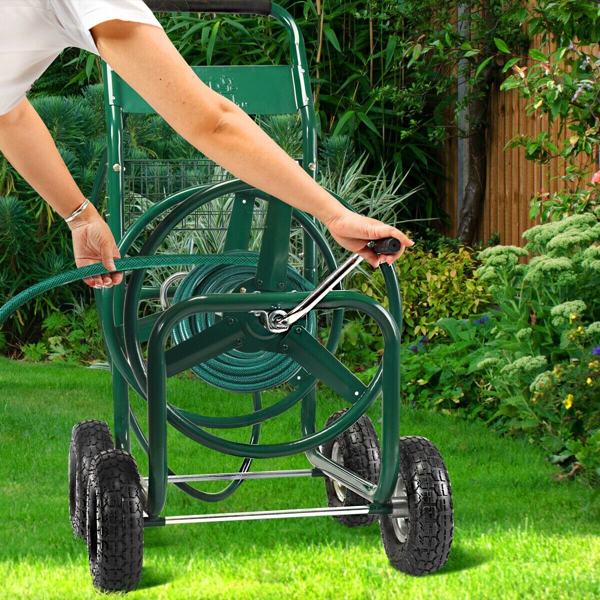 Shop Garden Rolling Cart Heavy Duty With Steel Water Hose Holder With Basket Green Overstock 29072970