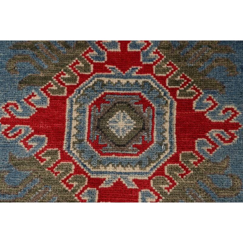 Blue Geometric Kazak Foyer Rug Hand-Knotted Oriental Wool Carpet - 3'4" x 4'11"