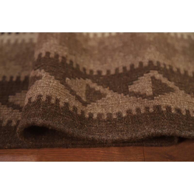 Hand Woven Oriental 100% Wool Carpet Southwestern Geometric Brown Kilim Area Rug - 9' 9'' X 6' 10''