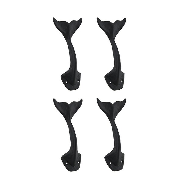 Set of 4 Black Cast Iron Whale Tail Wall Hooks - 7.75 X 3.25 X 2.25 inches