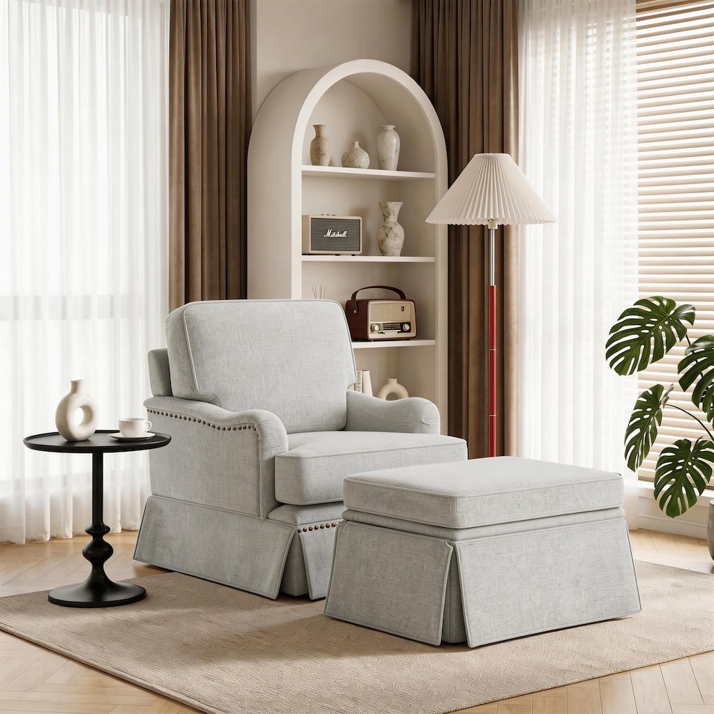 Skirted Swivel Accent Nailhead Barrel Chair With Storage Ottoman Set