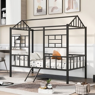 Black Twin Size Metal House Bed Frame with Slatted Support