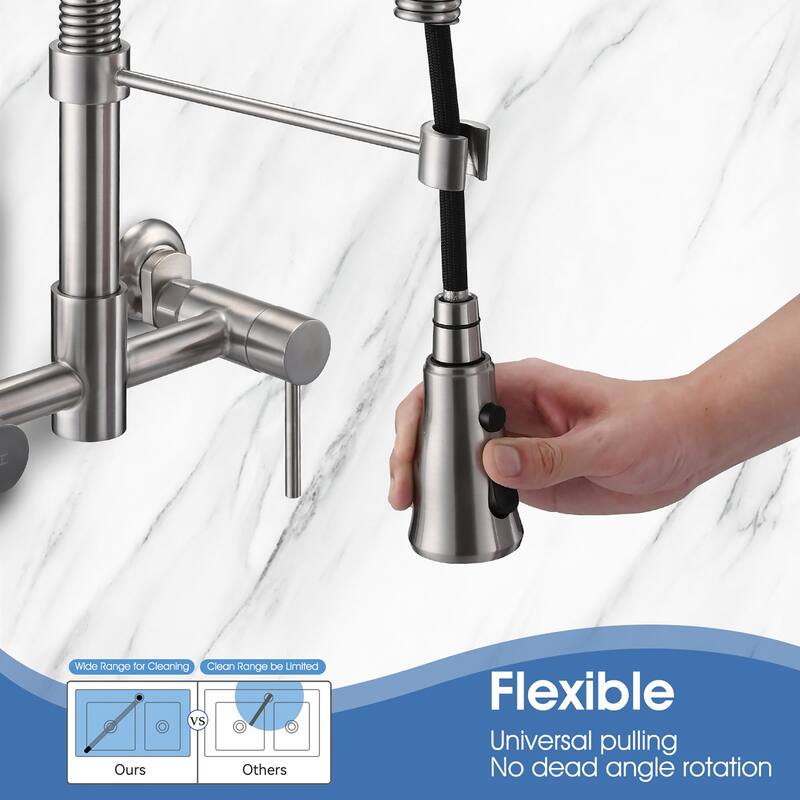 Double Handle Wall Mounted Spring Neck Bridge Kitchen Faucet