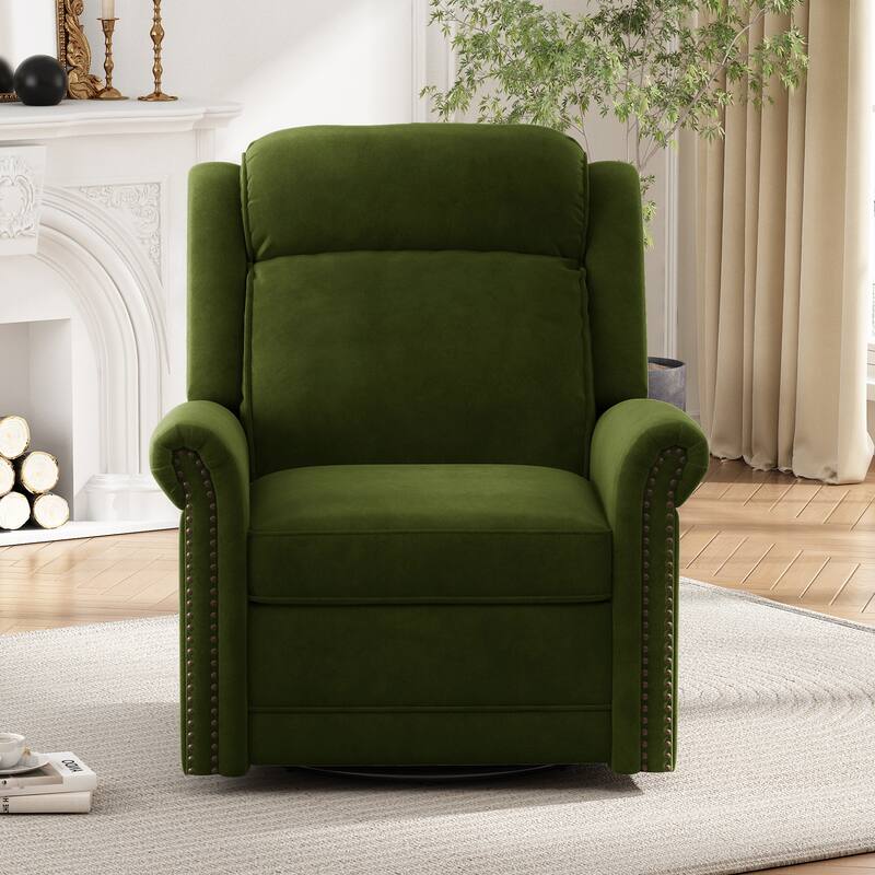 Home Theater Swivel Recliner Chair, Manual Rocking Nursery Rocker w/Adjustable Backrest Rolled Arms Lounge Chair with Rivet Trim