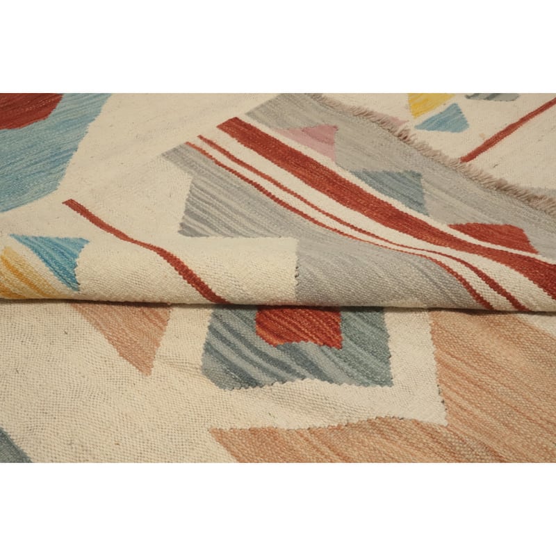 Hand Woven Oriental 100% Wool Carpet Southwestern Tribal Beige & Ivories Kilim Area Rug - 12' 10'' X 10' 0''